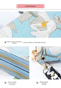 Detailed embroidery view of floral wallet with dual smooth metal zippers and hand strap