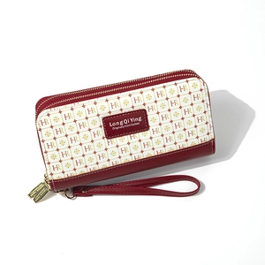 Women's long double zipper wallet with red letter prints and floral pattern decoration