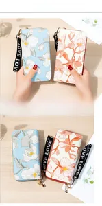 Detailed close-up of floral long wallet featuring dual zippers and a LOVE wrist strap