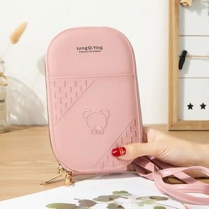 Women PU Leather Crossbody Phone Bag Cute Bear Embroidery Zipper Wallet Stylish Korean Shoulder Purse
