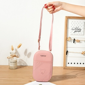 Pink PU leather crossbody phone bag with cute bear embroidery and zipper closure