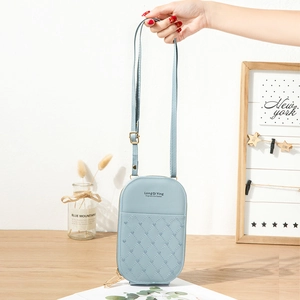 Light blue embroidered crossbody phone bag with heart pattern and dual zippers