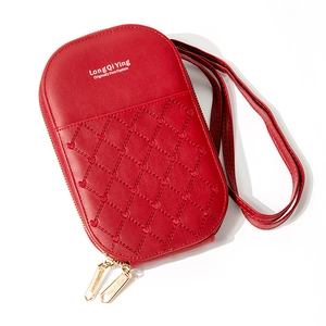 Red quilted leather crossbody phone bag for women with dual zipper and long strap