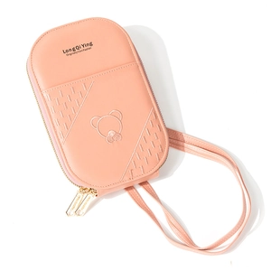 Pink PU leather crossbody phone bag with cute bear embroidery and double zipper