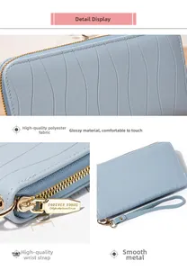 Nahaufnahme der hellblauen langen Brieftasche mit Wellennähten und Metallreißverschluss