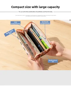 Détail du portefeuille long en similicuir rose avec fentes pour cartes et porte-téléphone