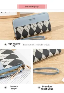 Détail du portefeuille en cuir PU bleu clair avec motif à losanges et fermeture éclair