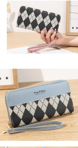 Détail de portefeuilles longs en PU rose et bleu avec motifs de losanges contrastés