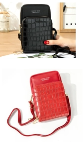 Detail of red and black stone texture crossbody phone bags with multi-layer zippers