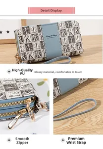 Détails des doubles fermetures éclair et dragonne sur ce portefeuille bleu en cuir PU