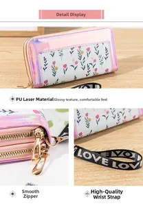 Detail view of floral long wallet featuring dual zippers and holographic laser PU trim