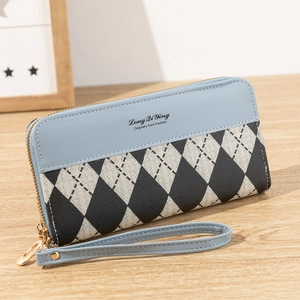 Portefeuille long en PU bleu clair avec motif losange noir et blanc et dragonne