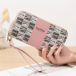 Portefeuille Long pour Femmes Mode Cuir PU Monogramme de Lettres Pochette Grande Capacité avec Dragonne pour le Quotidien