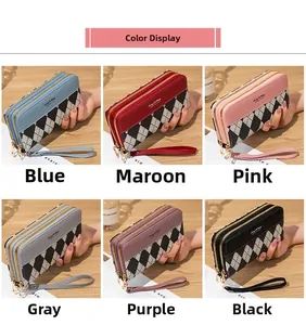 Detailed grid view of double zipper long wallets with vintage argyle pattern and wrist straps