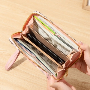 Portefeuille long en cuir PU rose pour femme avec fentes pour cartes et poche téléphone