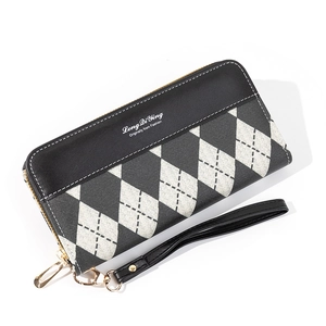 Portefeuille long en cuir PU à motif de losanges noir et blanc avec fermeture éclair et dragonne