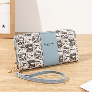 Portefeuille long en cuir PU pour femme avec contraste bleu clair et imprimés vintage