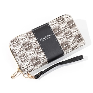 Portefeuille long pour femme en similicuir avec motif à carreaux rétro noir et blanc