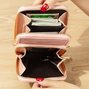 Pink PU leather crossbody phone bag with multi-layer zipper and large storage capacity
