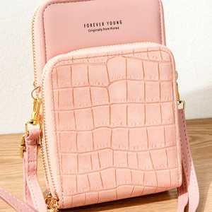 Pink stone pattern crossbody phone bag with gold zipper and multi-layer storage