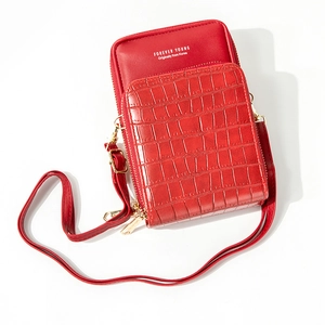 Red crocodile texture crossbody phone bag with double zipper and gold hardware