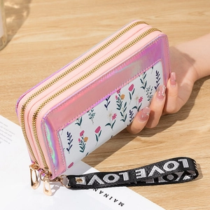 Women Long Wallet Dual Zipper PU Leather Floral Print Holographic Laser Phone Bag Large Capacity With Wristlet