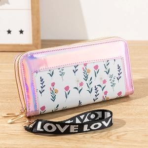 Women long double zipper floral laser wallet with iridescent finish and wristlet strap