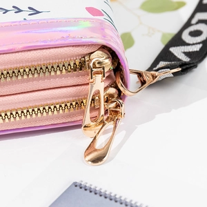 Pink holographic double zipper wallet with floral print and LOVE strap detail