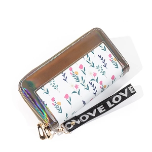 Women long floral double zipper wallet with laser iridescent finish and LOVE wristlet strap