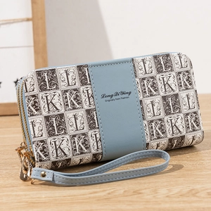 Portefeuille long femme à double fermeture éclair bleu clair et marron avec dragonne