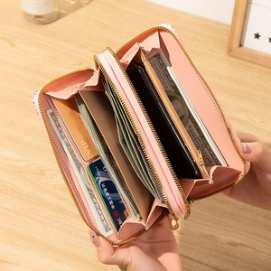 Portefeuille long rose multifonctionnel à double zip avec compartiment téléphone