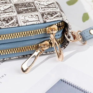 Portefeuille long à double fermeture éclair pour femme avec motif et dragonne