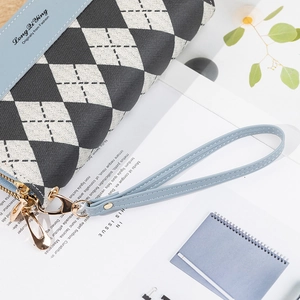 Black and grey diamond quilted long wallet with light blue leather trim and wrist strap