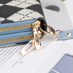 Women's long argyle bicolour wallet with double gold zippers and detachable strap