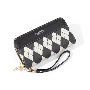 Women long double zipper wallet with black and white argyle pattern and wrist strap