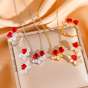 Collier Boucle D'oreille Et Bague Coeur Acier Inoxydable Zircon Rouge Blanc Luxe Léger Élégant Pour Femmes