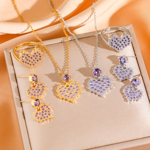 Purple heart jewelry set including necklace ring and earrings in gold and silver finish