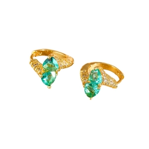 Elegant 18K gold emerald V-shaped earrings with pear-cut stones and white zircon accents