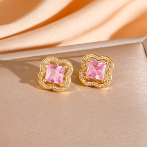 Four-leaf clover earrings with pink zirconia centers and gold plating for women