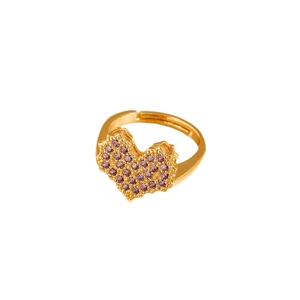 Adjustable gold ring featuring a heart design set with sparkling purple zircon stones