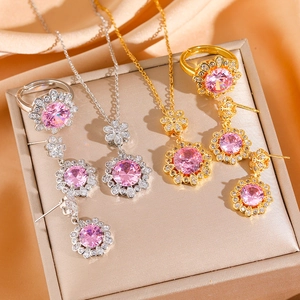 Pink zircon flower jewelry set including necklace, earrings and open ring in steel