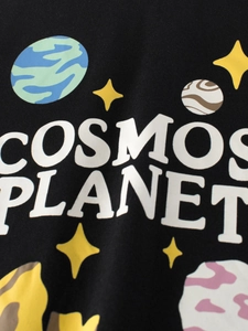 Boy's black cotton t-shirt featuring a colorful cosmos planet and stars graphic print