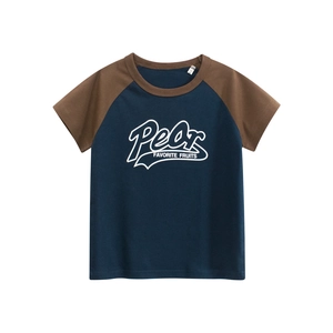 Detail of navy and caramel raglan sleeve cotton T-shirt with Pear letter printing