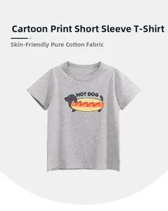 Detailansicht graues Kinder-T-Shirt aus Baumwolle mit Hot-Dog-Dackel-Print und weichem Stoff