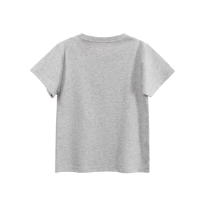 Rückansicht eines grauen Baumwoll-T-Shirts für Jungen mit klassischem Rundhalsausschnitt