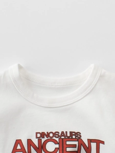 Close-up of neckline stitching on boys' white cotton T-shirt with dinosaur print
