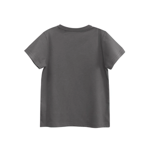 Flat lay back view of kids basic charcoal grey short sleeve cotton t-shirt with crew neck