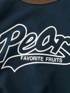 Boys navy blue cotton T-shirt with brown neck trim and Pear fruit graphic print