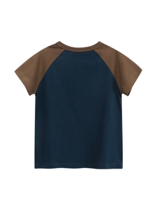 Kids cotton raglan short sleeve T-shirt in navy blue and brown contrast colors