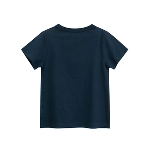 Vue arrière du t-shirt en coton bleu foncé montrant les coutures et l'encolure